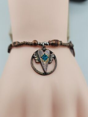 Copper Heart Wing Bracelet with Teal Crystal Accent